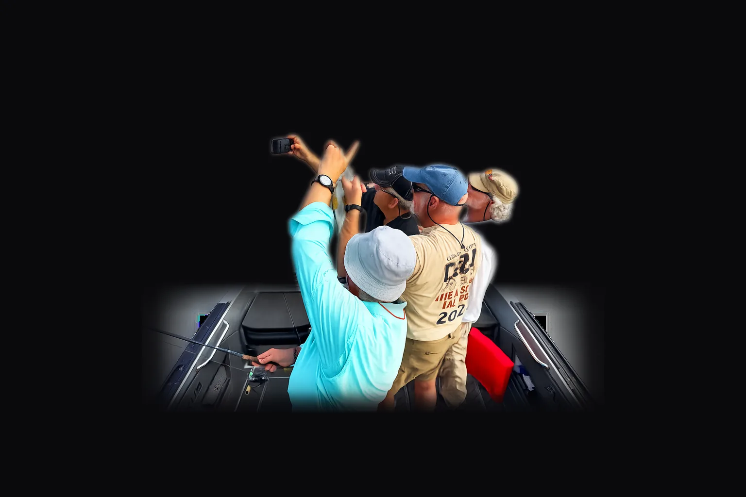 A crew of guests celebrating a catch above the open cockpit of the Vexus DVX 20S — four seats and a spacious deck